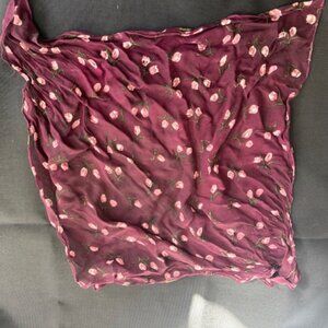 Burgundy Sheer square neck scarf with roses
